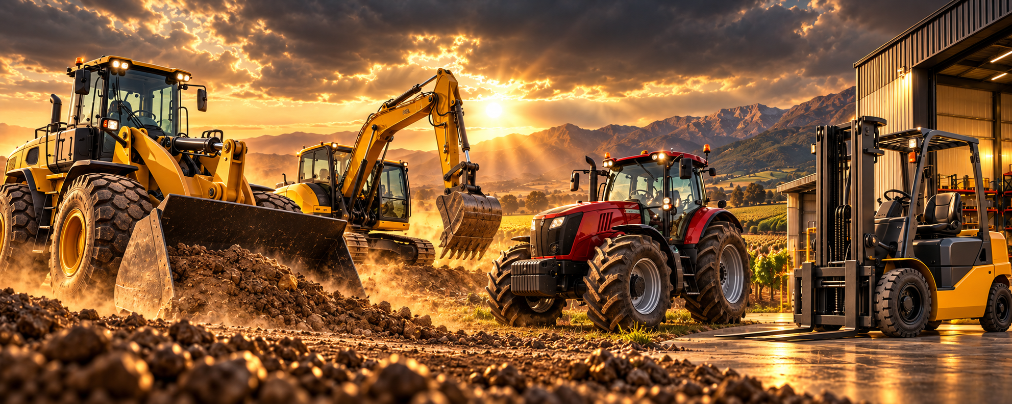 Machinery image from the Boundless company profile: a wheel loader, excavator, tractor and forklift at sunset